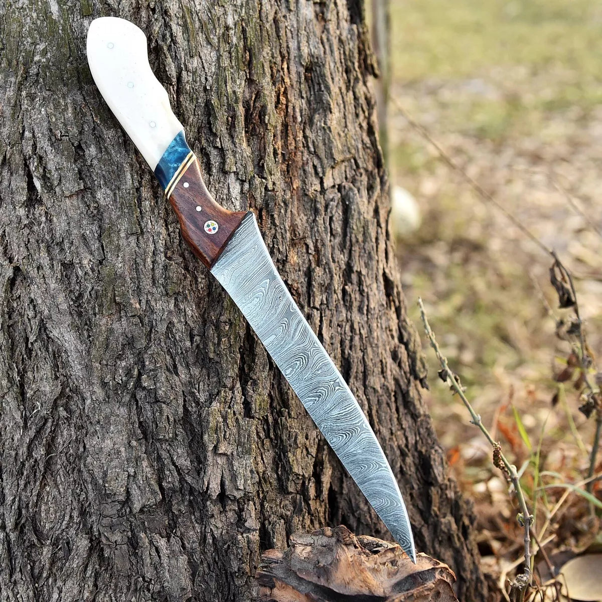 12" inches Handmade Damascus Steel fishing Fillet Knife With Leather Sheath
