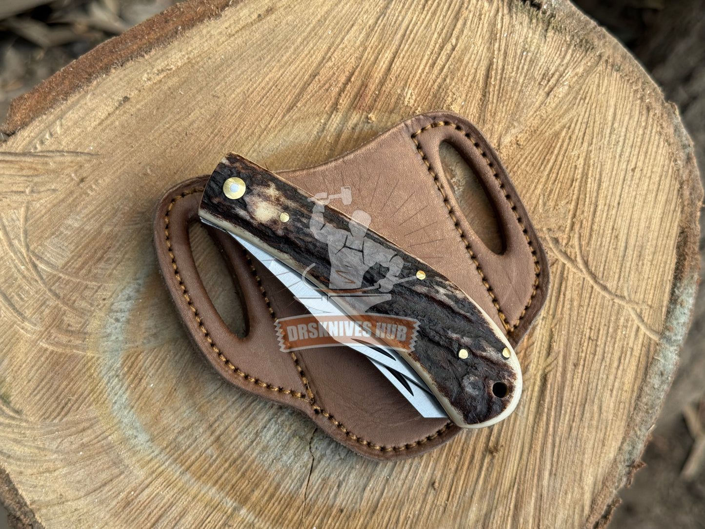 Handmade D2 Steel Dual Blade Folding Trapper Knife | Leather Sheath