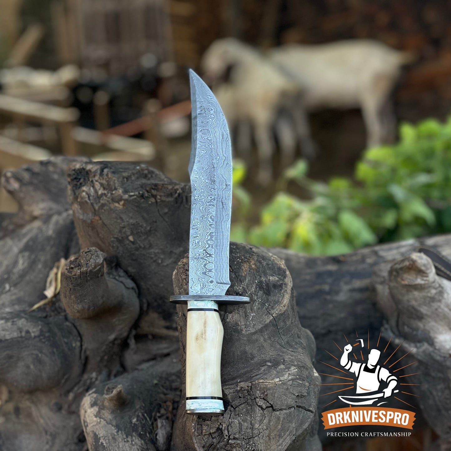 Damascus Steel Bowie Knife with Bone Handle - Handcrafted Edc knife | DRSKNIVES HUB