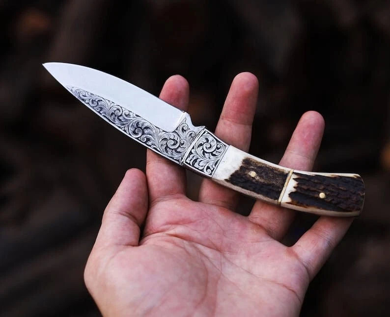 Premium Handmade D2 Steel Engraved Hunting knife Antler Handle