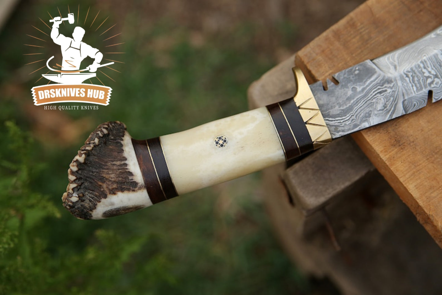 Antler & Bone Horn Handle Custom Made Damascus Steel Kukri knife With Leather Sheath Cover