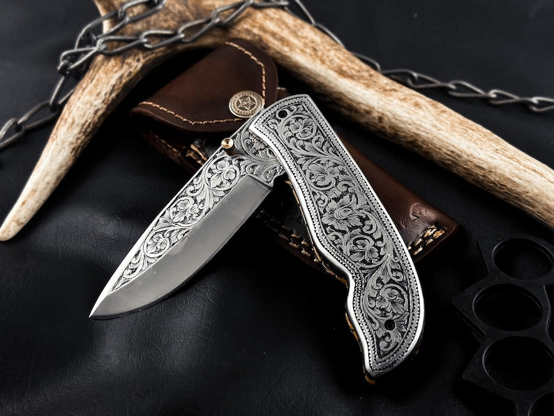 Hand-Engraved Folding Knife: Fully Engraved Pocket Knife by Drsknives Hub