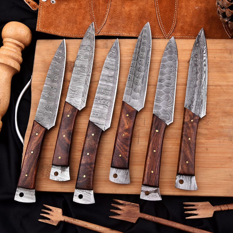 Damascus Steel Handmade Steak knives Set Wood Handle With leather kit