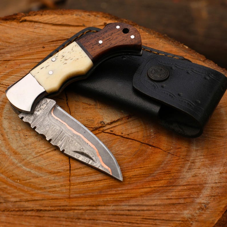 Custom Handmade Damascus Steel Copper Pocket Knife With Leather Sheath Cover