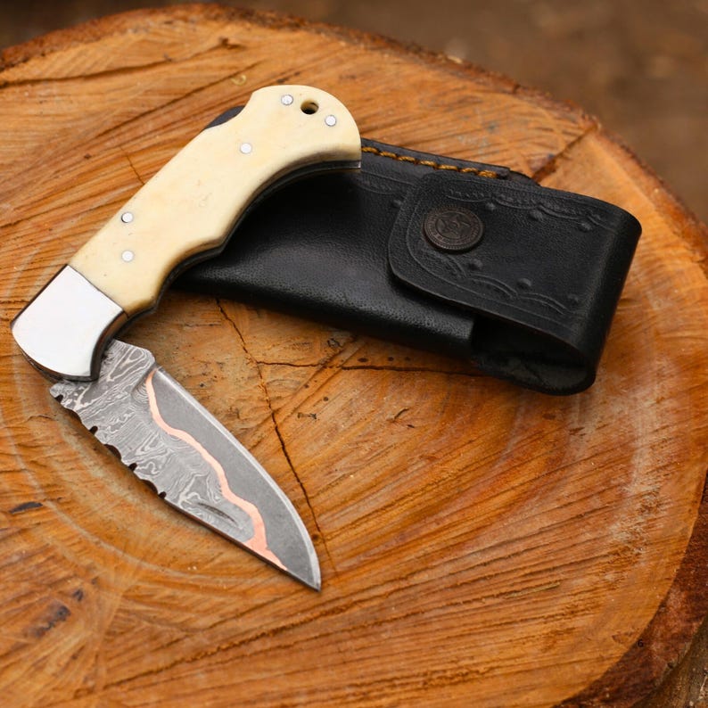 Pocket Folding Knife Handmade Damascus Steel Folding Pocket Knife Camel Bone Handle