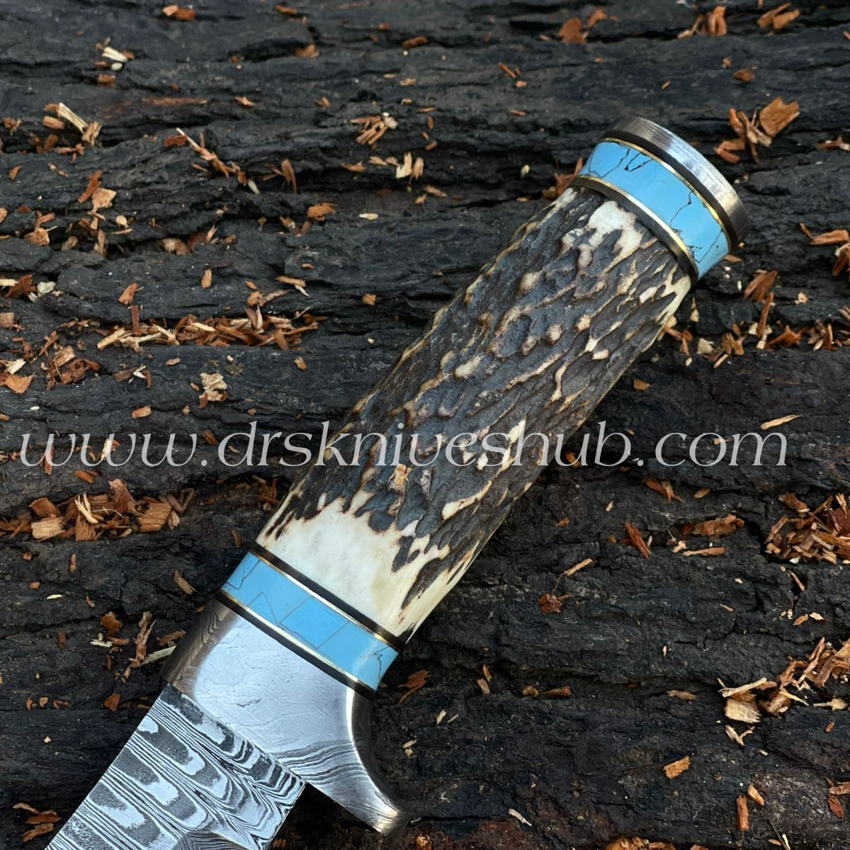 Hunting Knife Antler Horn Handle Custom Handmade Damascus Steel Blade Fixed Knife, Camping knife