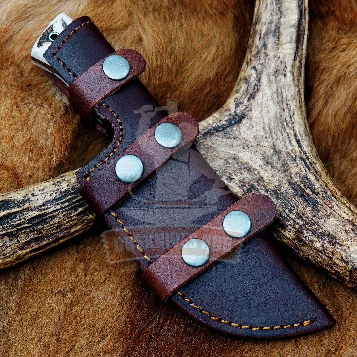 Set Of Handmade Damascus Steel Hunting Skining Knife With Leather sheaths