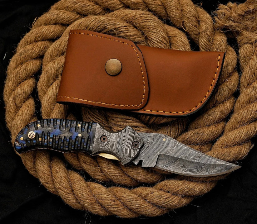 Hand Crafted Damascus Steel Blade Folding Pocket Knife With Leather Sheath 8"