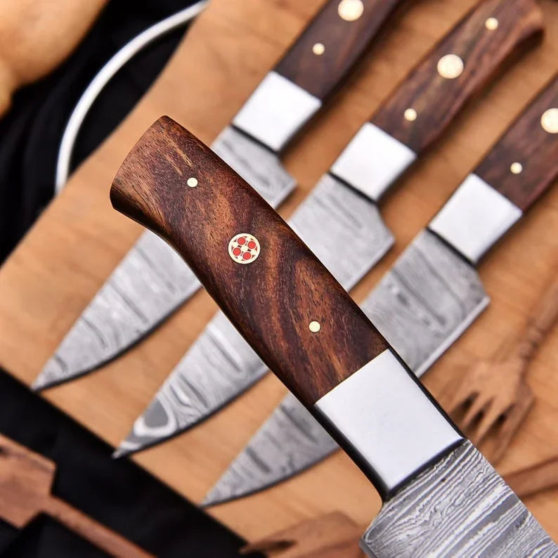 Handmade Damascus steak knife set with individual leather sheaths