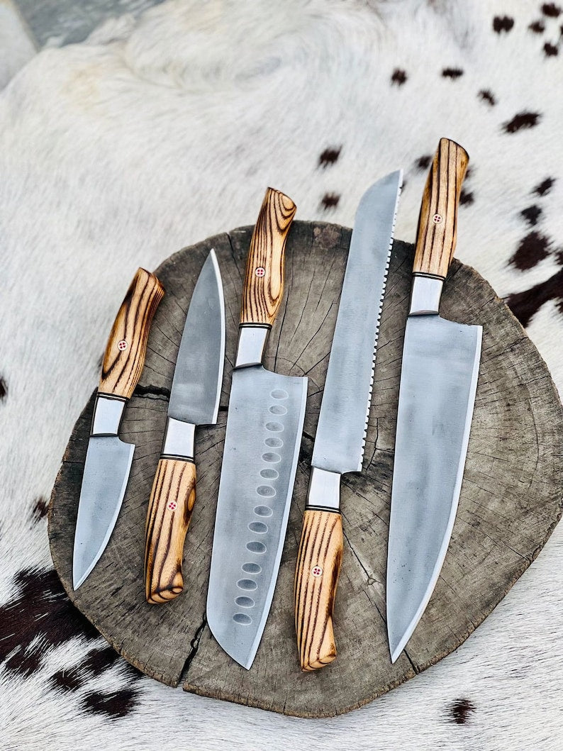 Handmade Stainless Steel Kitchen Knives Set with Leather Roll and Burly Wenge Wood Handles