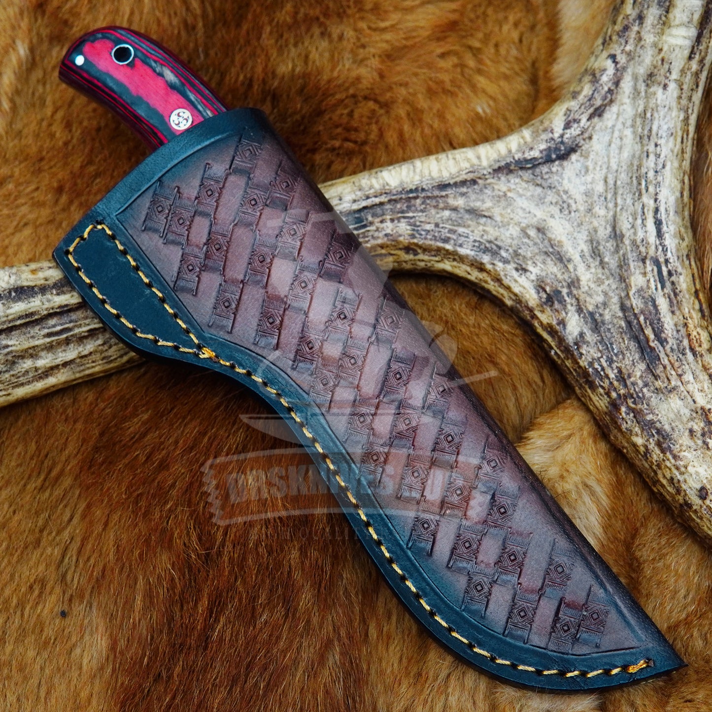 Handmade Carbon t Steel Hunting Knife: Wood Handle Leather Sheath