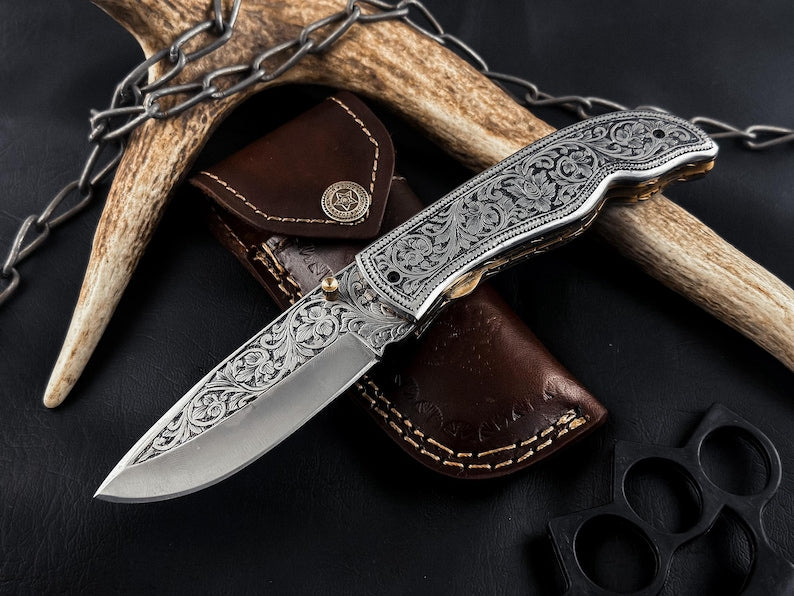 Hand-Engraved Folding Knife: Fully Engraved Pocket Knife by Drsknives Hub
