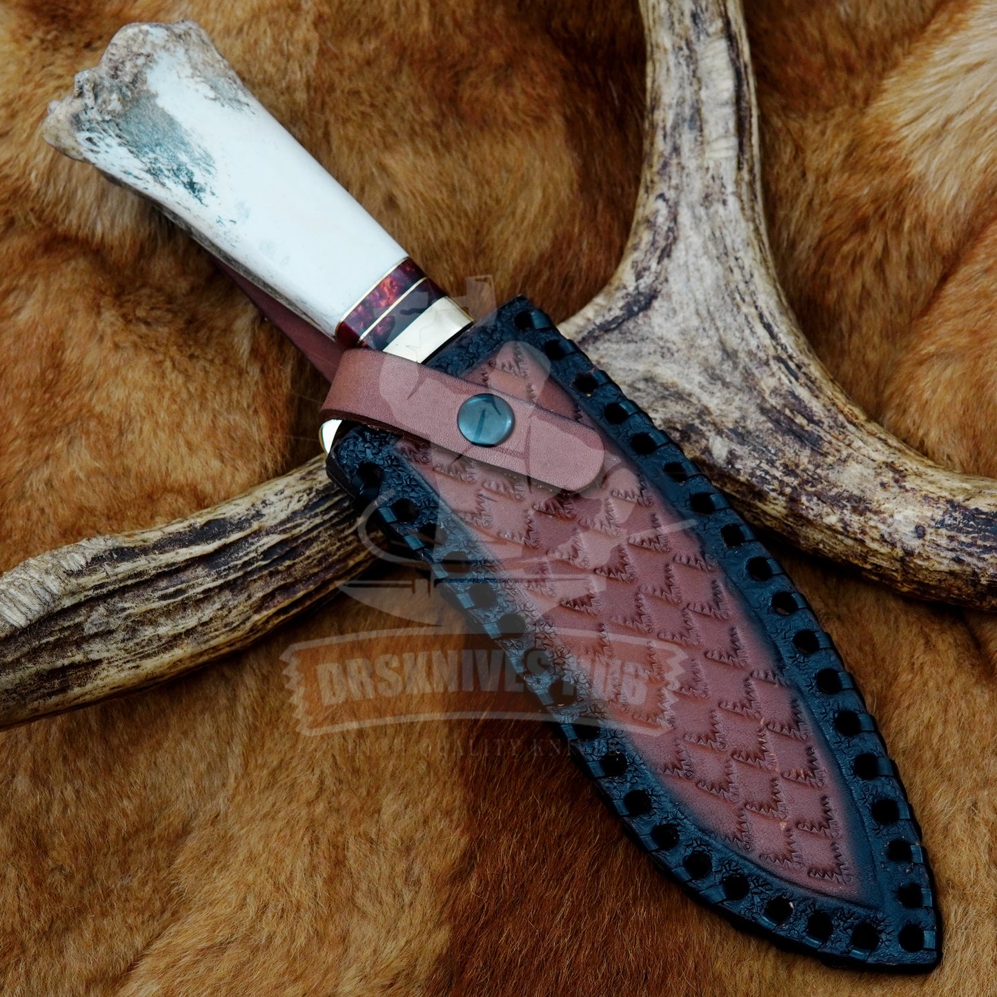 Handmade Copper Damascus Kukri Knife: Bone Handle With Leather sheath