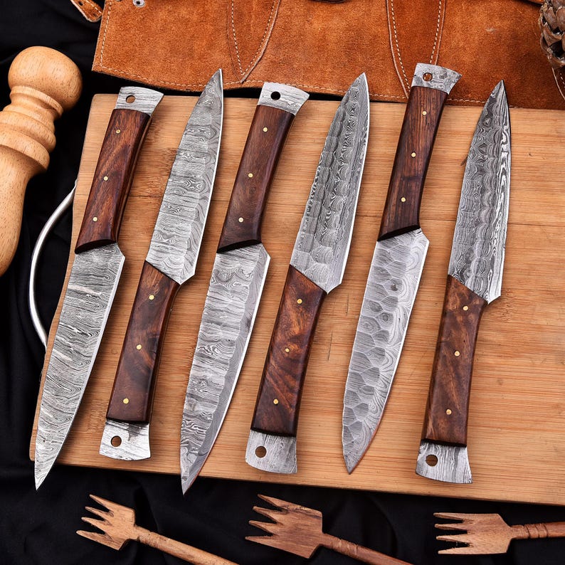 Damascus Steel Handmade Steak knives Set Wood Handle With leather kit