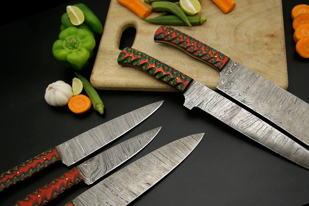 Custom Handmade Damascus Chef Set Wood Handle With Leather Roll Kit Bag