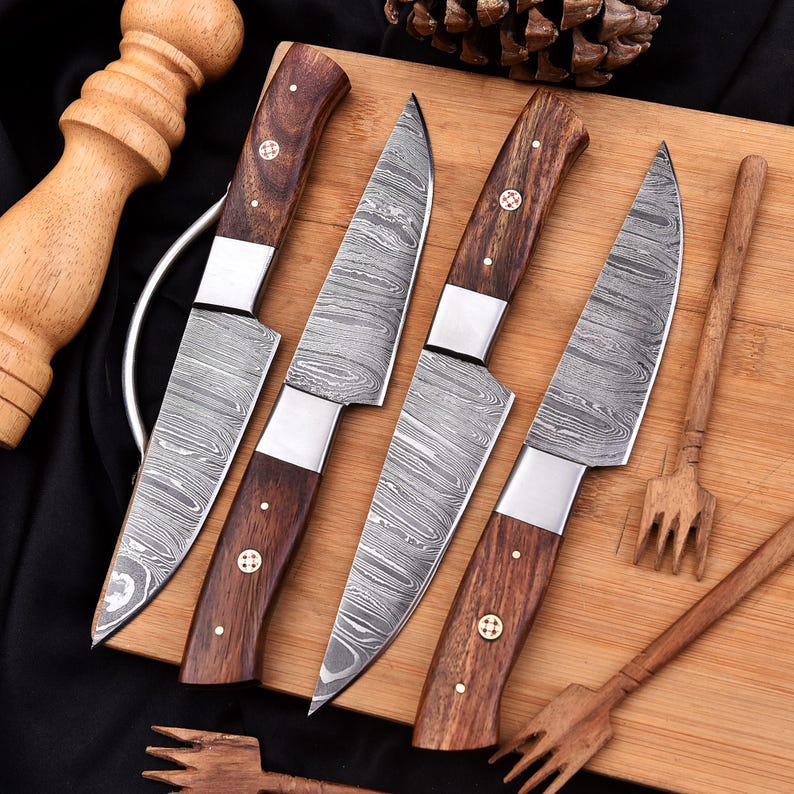 Handmade 4pcs Steak knives set with leather sheath cover wood handle