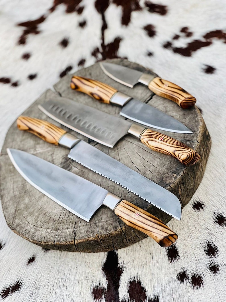 Handmade Stainless Steel Kitchen Knives Set with Leather Roll and Burly Wenge Wood Handles