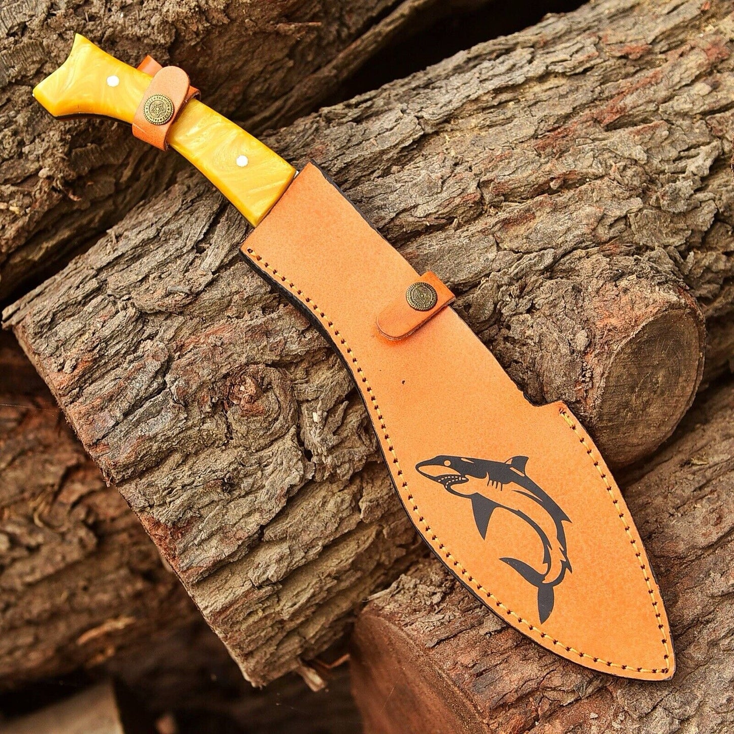 Fixed Blade Knife Tactical Gurkha Kukri Engraved Sheath Shark Fish Design