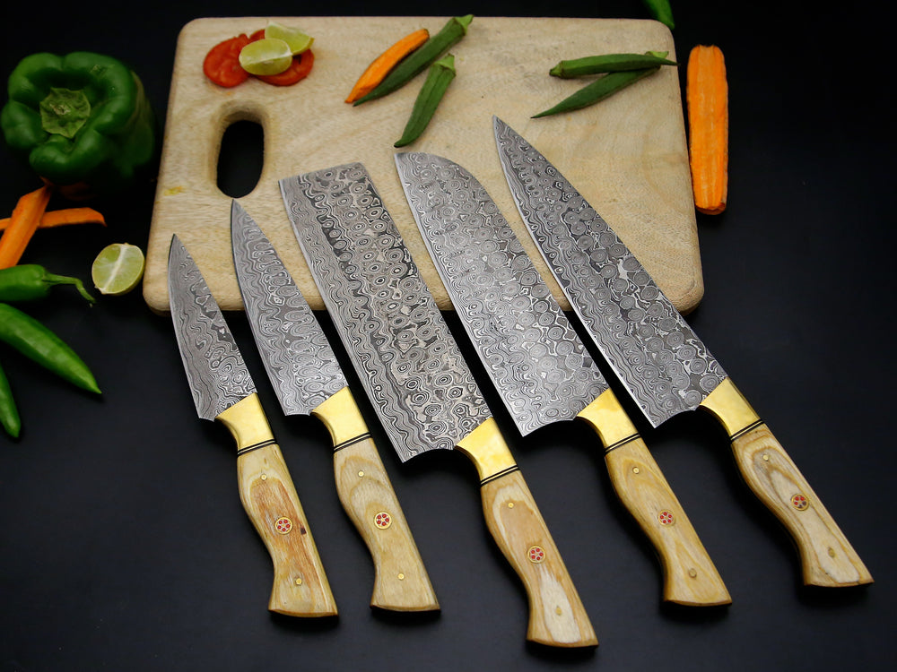 Handmade Damascus Steel Chef knife Wet of 5 PCS with Olive wood Handle