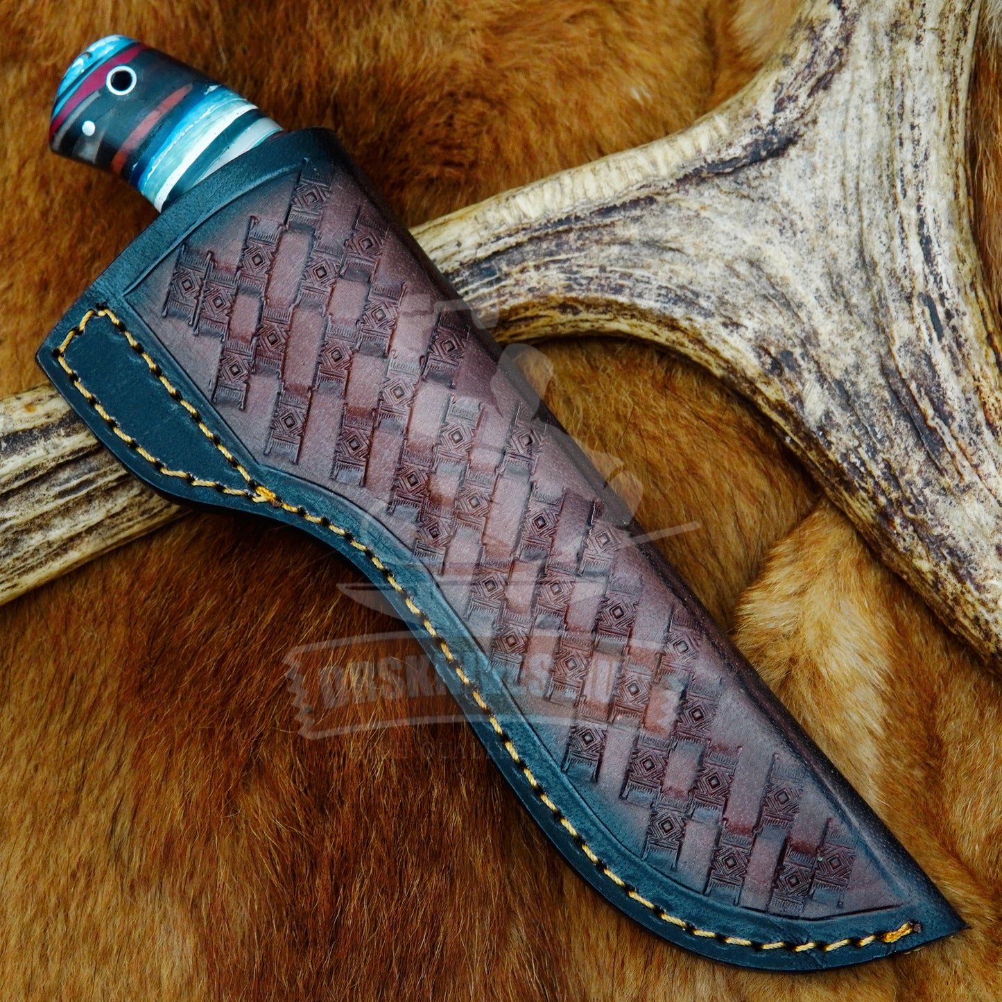 Damascus Hunting Knife 9" – Rain Drop Pattern with Leather Sheath | DRSKNIVES HUB