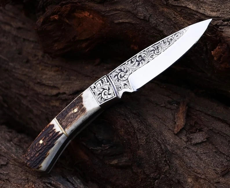 Premium Handmade D2 Steel Engraved Hunting knife Antler Handle