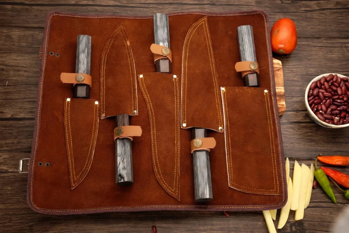 Professional Handmade Carbon Steel Chef Knife Set with Wooden Handles | Leather Roll Kit | DRSKNIVES HUB - DRSKNIVES HUB