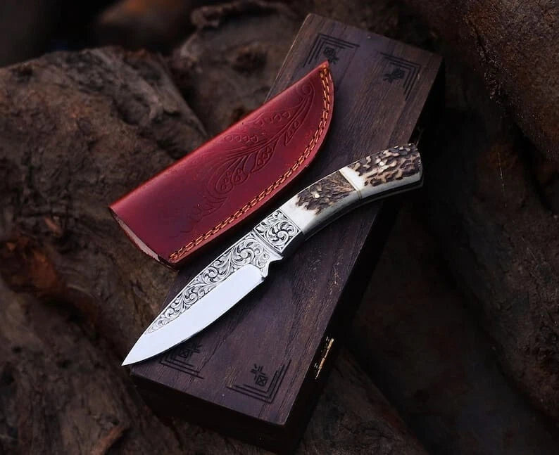 Premium Handmade D2 Steel Engraved Hunting knife Antler Handle