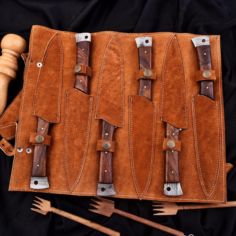 Damascus Steel Handmade Steak knives Set Wood Handle With leather kit