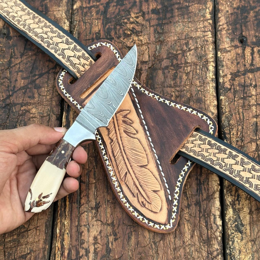 Handmade Damascus Steel Skinner Knife With Leather Sheath Cover