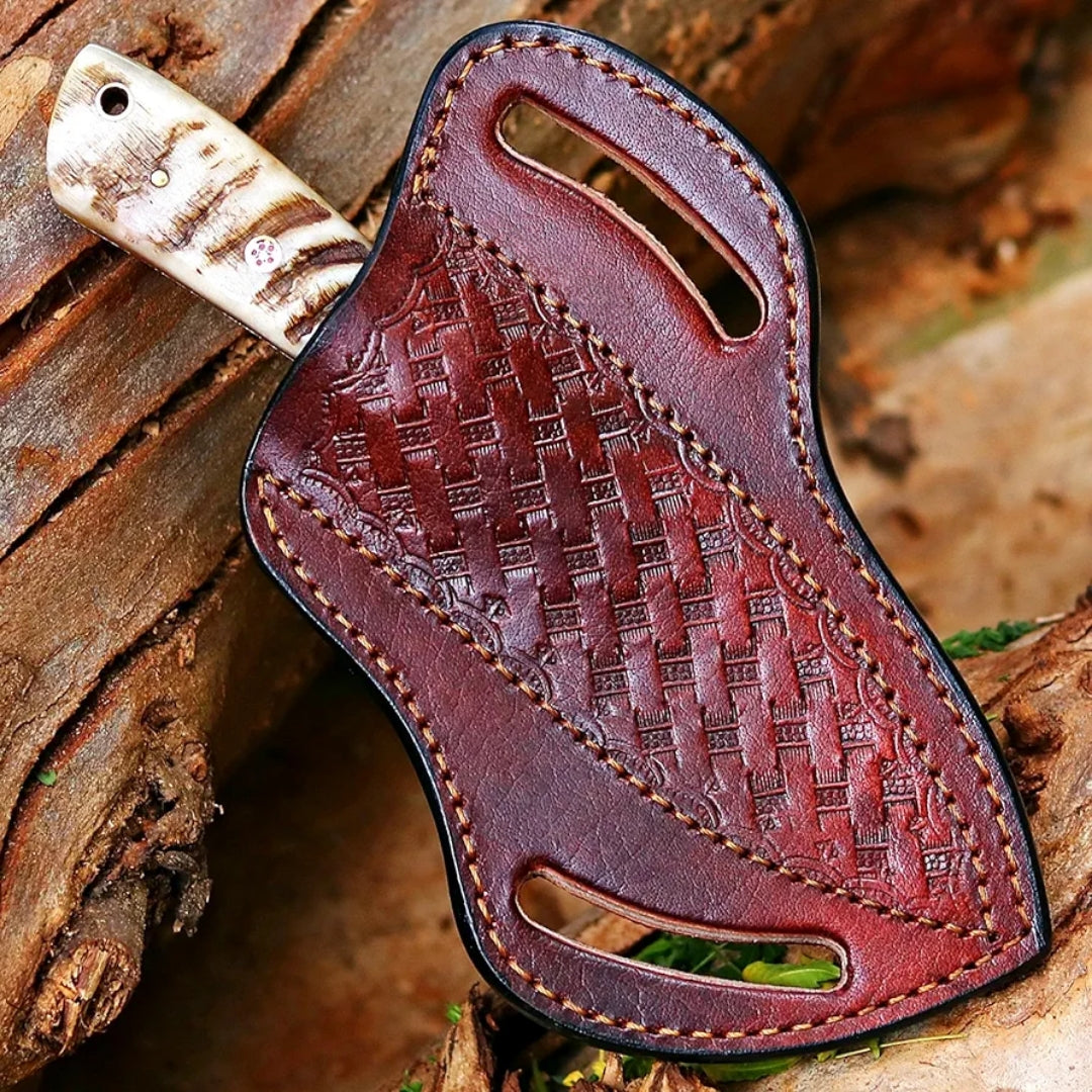 Bull Cutter Knife Handmade Cowboy Knife With Leather Sheath Ram Horn Handle