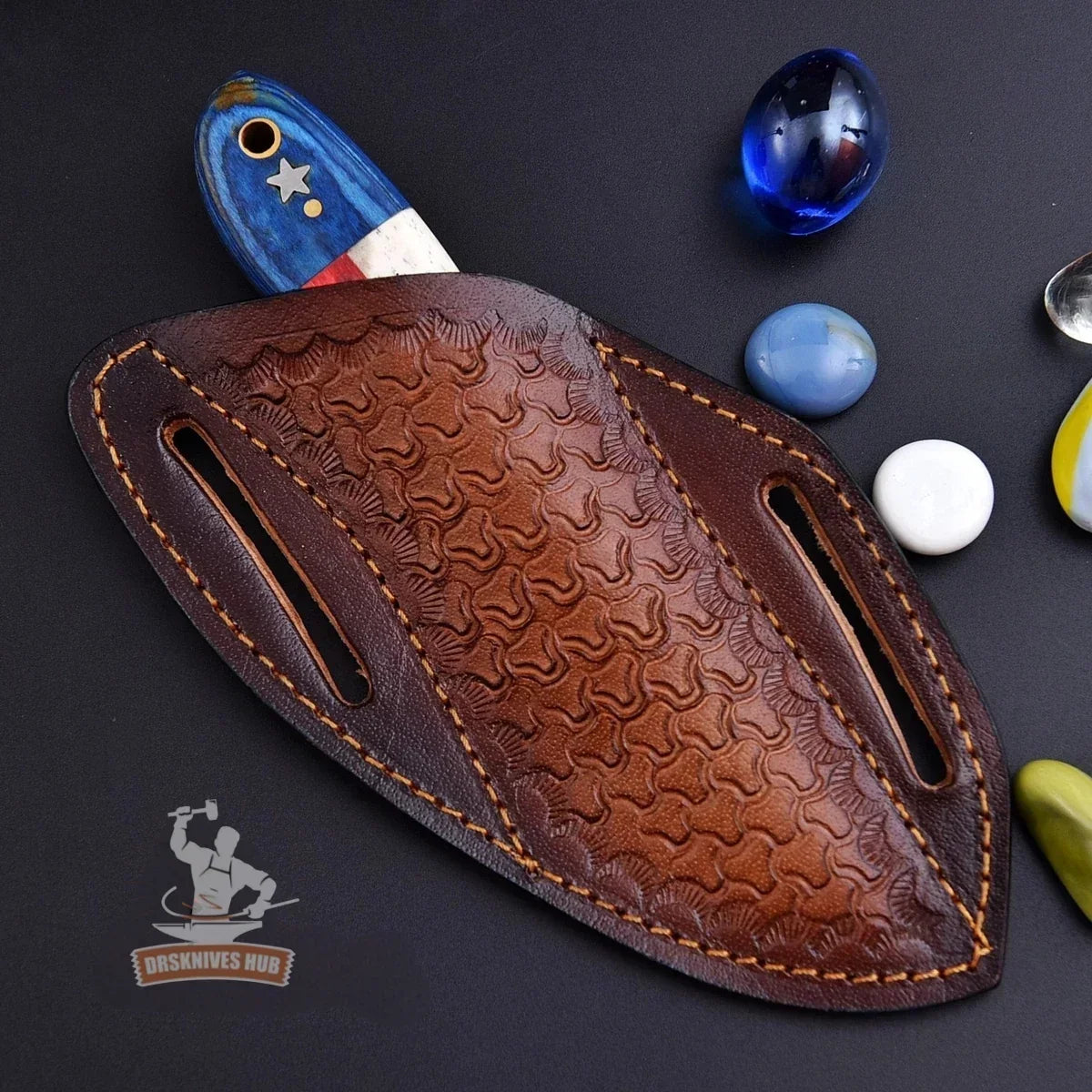Hand-tooled leather knife sheath with patriotic handle, ideal for Damascus hunting or chef knives