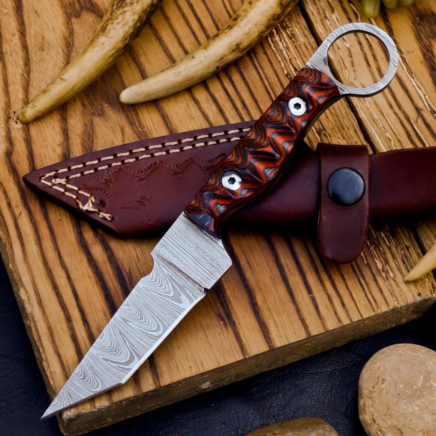 Hand-Forged Damascus Steel Full Tang Tactical EDC Knife with Ring Handle & Leather Sheath | DRSKNIVES HUB| DRSKNIVES HUB