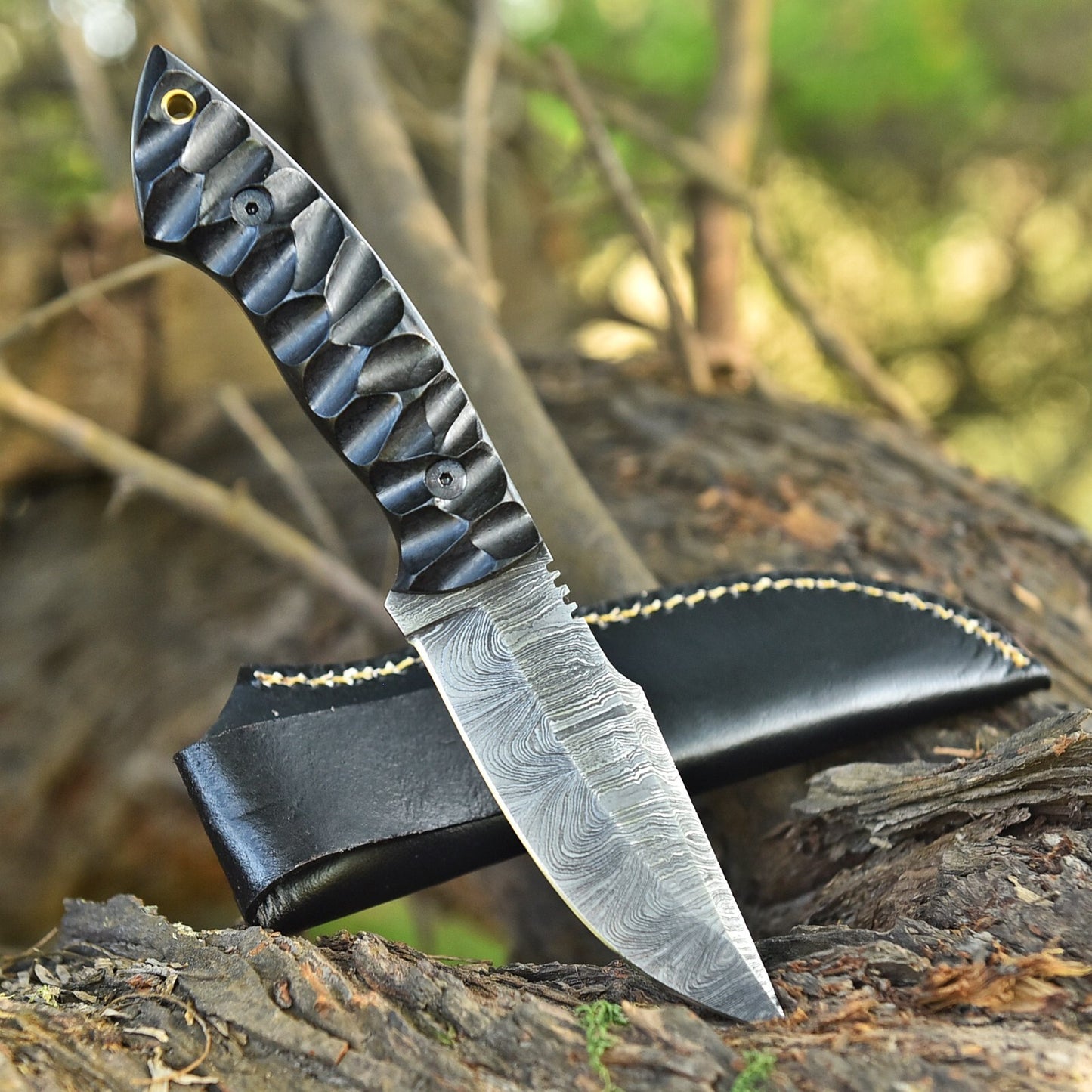 8.8" Custom Hand-Forged Damascus Steel Hunting Knife with Grooved Micarta Handle