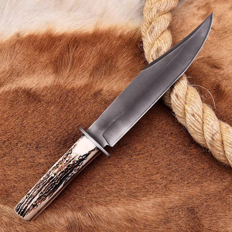 Handmade 14″ Forged Stag Horn Bowie Knife – J2 Steel Hunting Blade with Leather Sheath | DRSKNIVES HUB