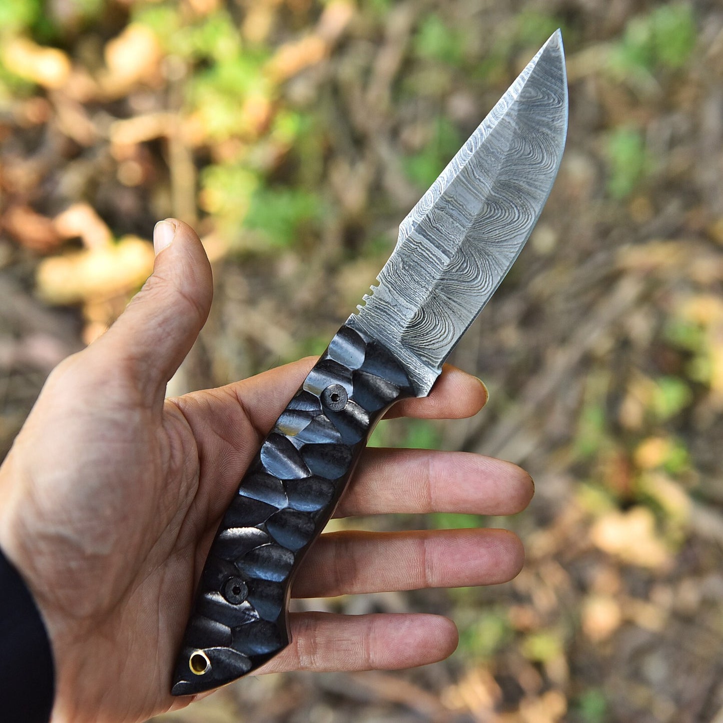 8.8" Custom Hand-Forged Damascus Steel Hunting Knife with Grooved Micarta Handle