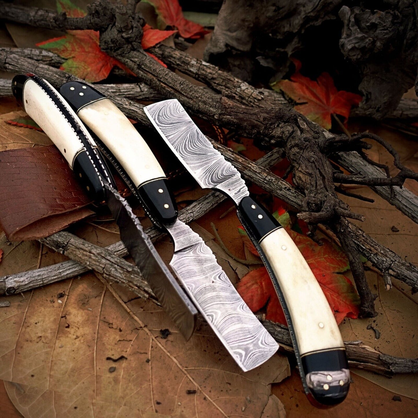 3-Piece Handmade Damascus Steel Straight Cleaver Set –Bull Horn & Camel Bone Handles with Leather Sheaths| DRSKNIVES HUB