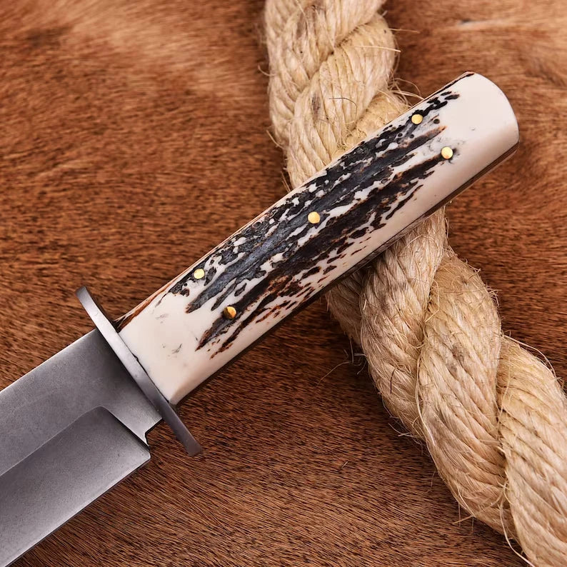 Handmade 14″ Forged Stag Horn Bowie Knife – J2 Steel Hunting Blade with Leather Sheath | DRSKNIVES HUB