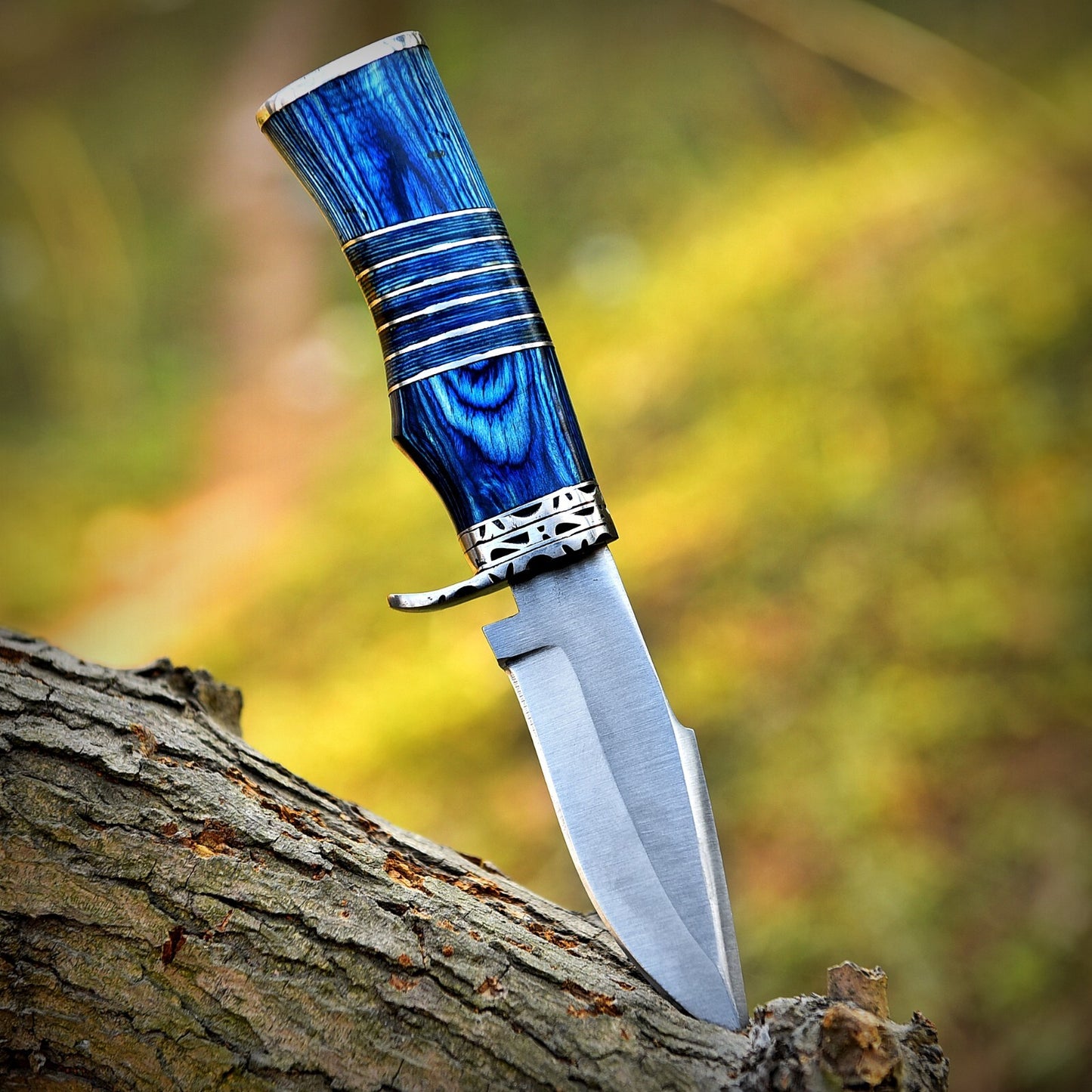 Premium Handcrafted D2 Steel Hunting Knife – Blue Wood Handle | 7" Full Tang EDC Knife |DRSKNIVES HUB
