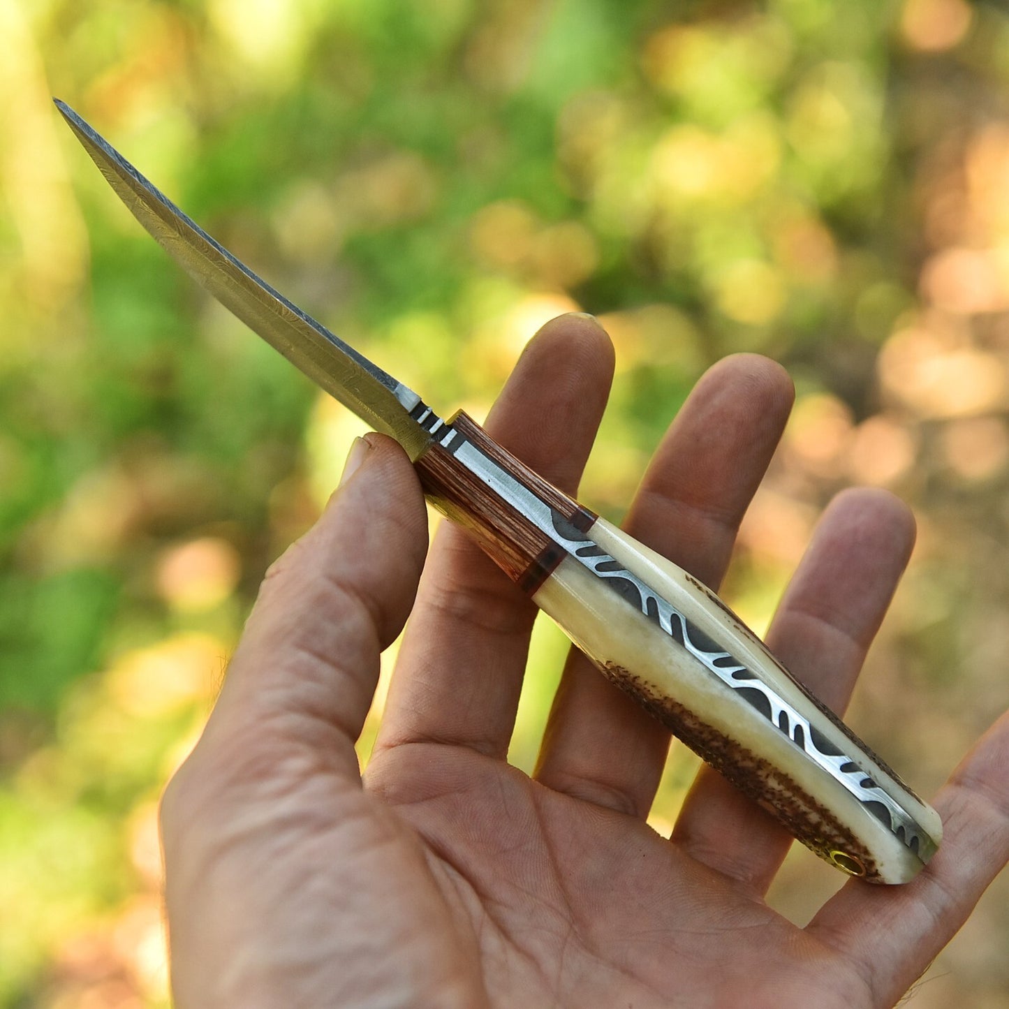 7.3" Custom Hand-Forged Damascus Steel Fixed Blade Skinner Knife with Antler Handle
