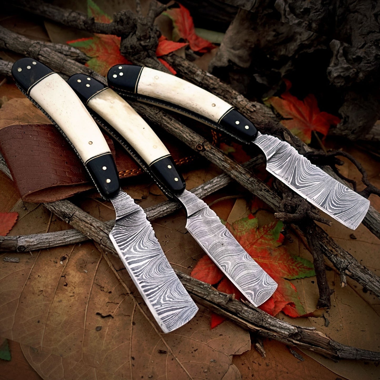 3-Piece Handmade Damascus Steel Straight Cleaver Set –Bull Horn & Camel Bone Handles with Leather Sheaths| DRSKNIVES HUB