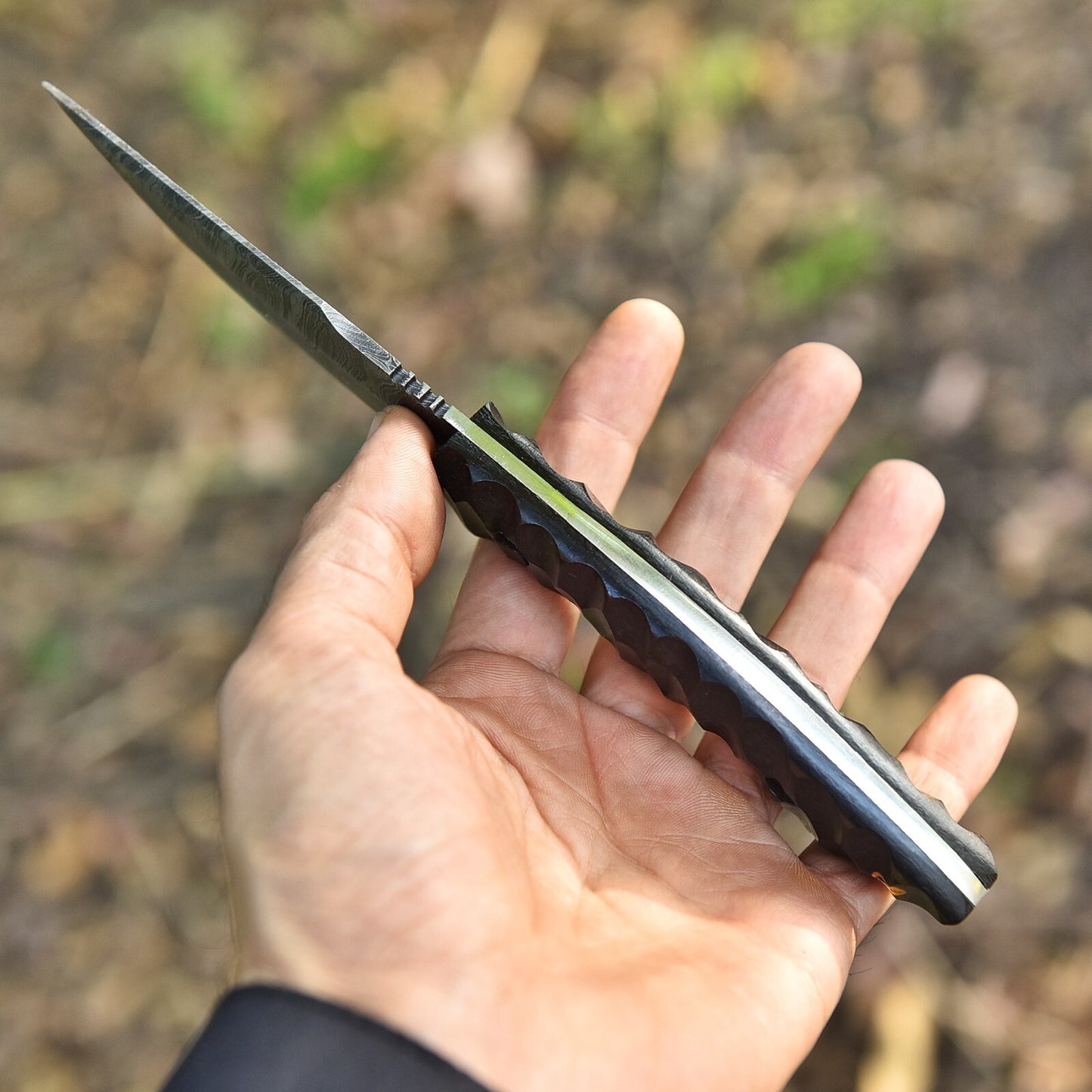 8.8" Custom Hand-Forged Damascus Steel Hunting Knife with Grooved Micarta Handle
