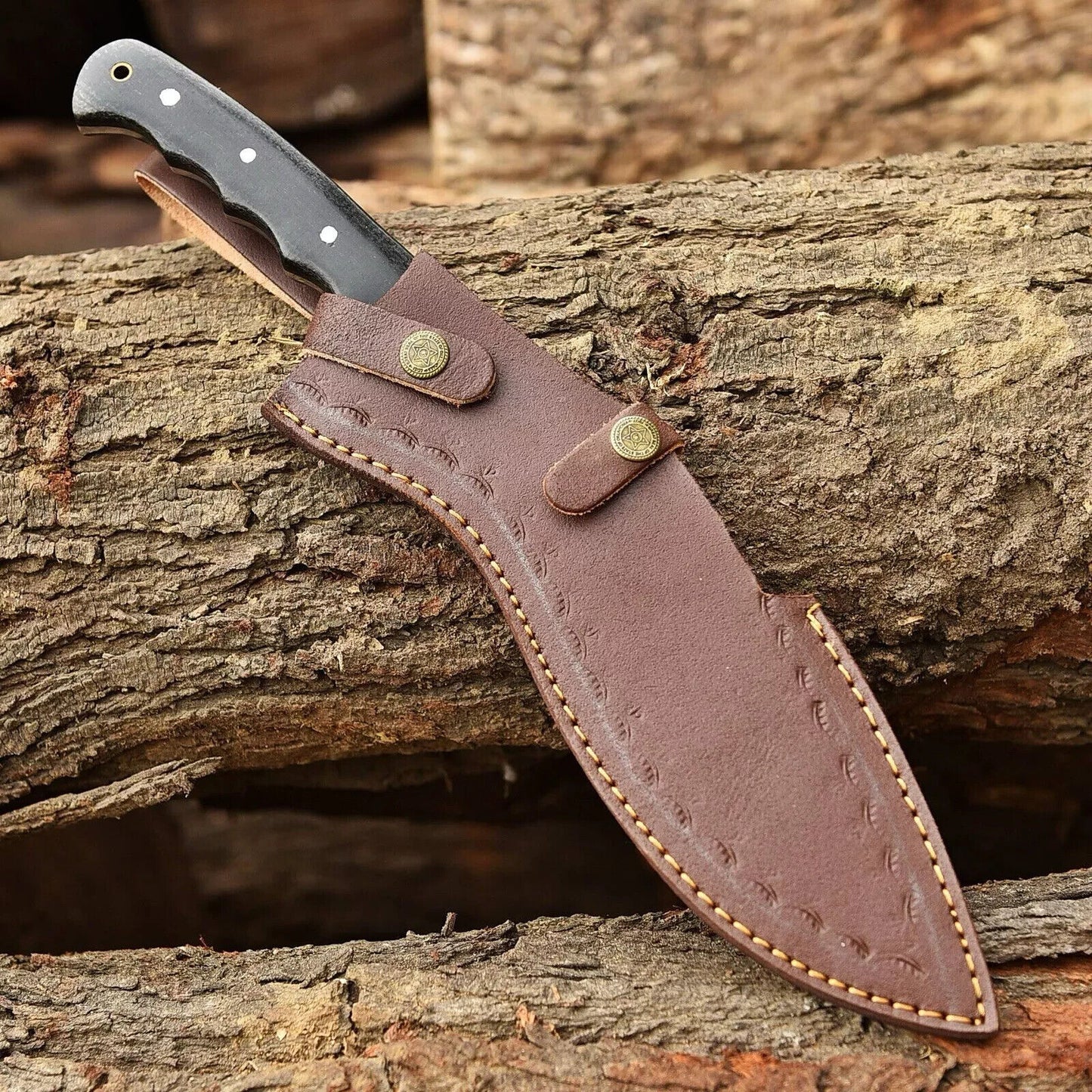 16" Custom Damascus Steel Kukri Knife – Hand-Forged Fixed Blade with Leather Sheath | DRSKNIVES HUB