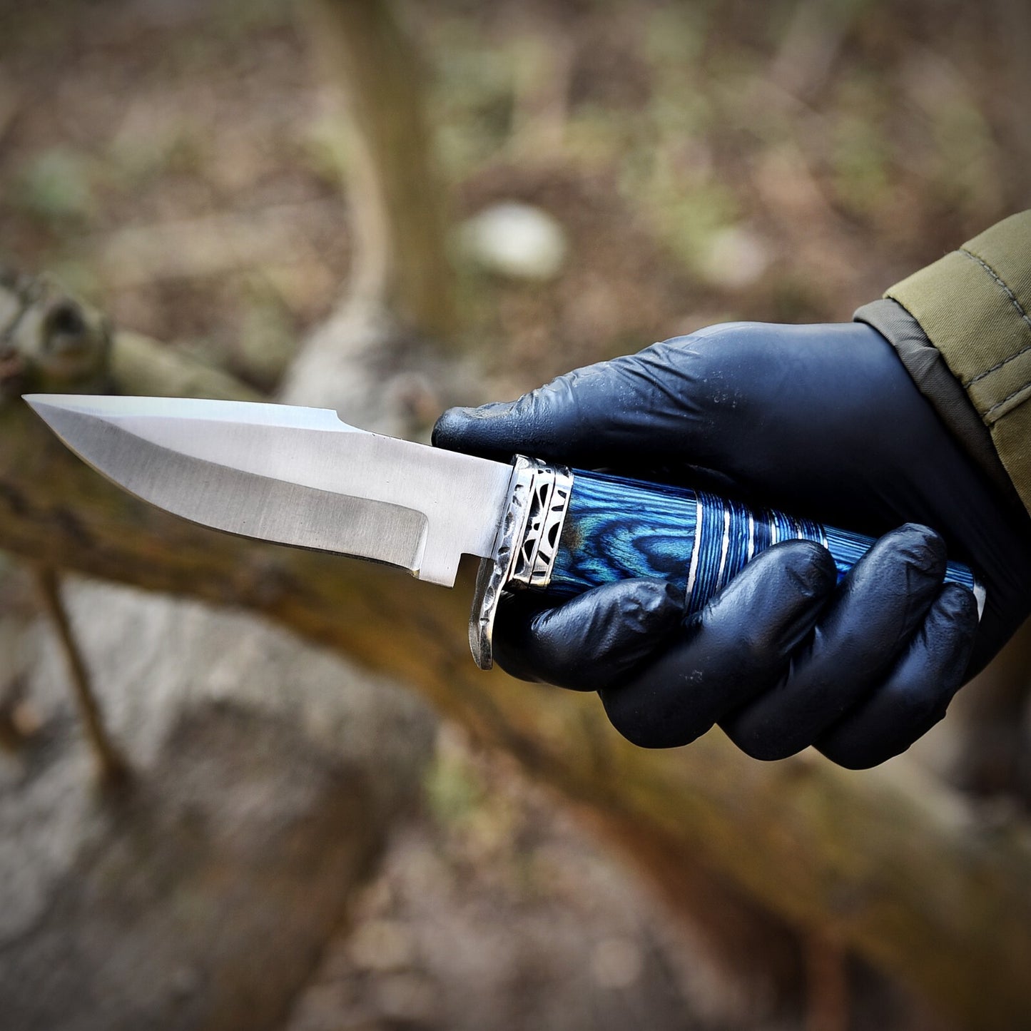 Premium Handcrafted D2 Steel Hunting Knife – Blue Wood Handle | 7" Full Tang EDC Knife |DRSKNIVES HUB