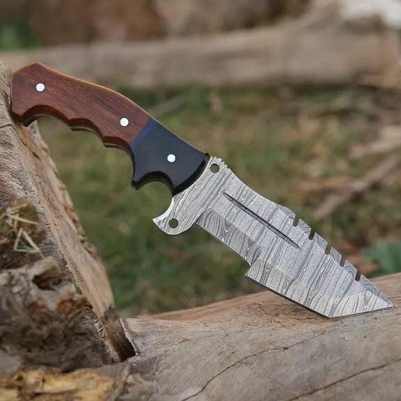 Damascus Bushcraft Survival Camping Fixed Blade Hunting Knife with Leather Sheath