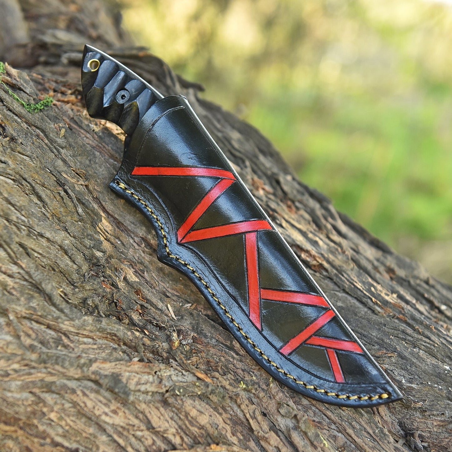8.8" Custom Hand-Forged Damascus Steel Hunting Knife with Grooved Micarta Handle