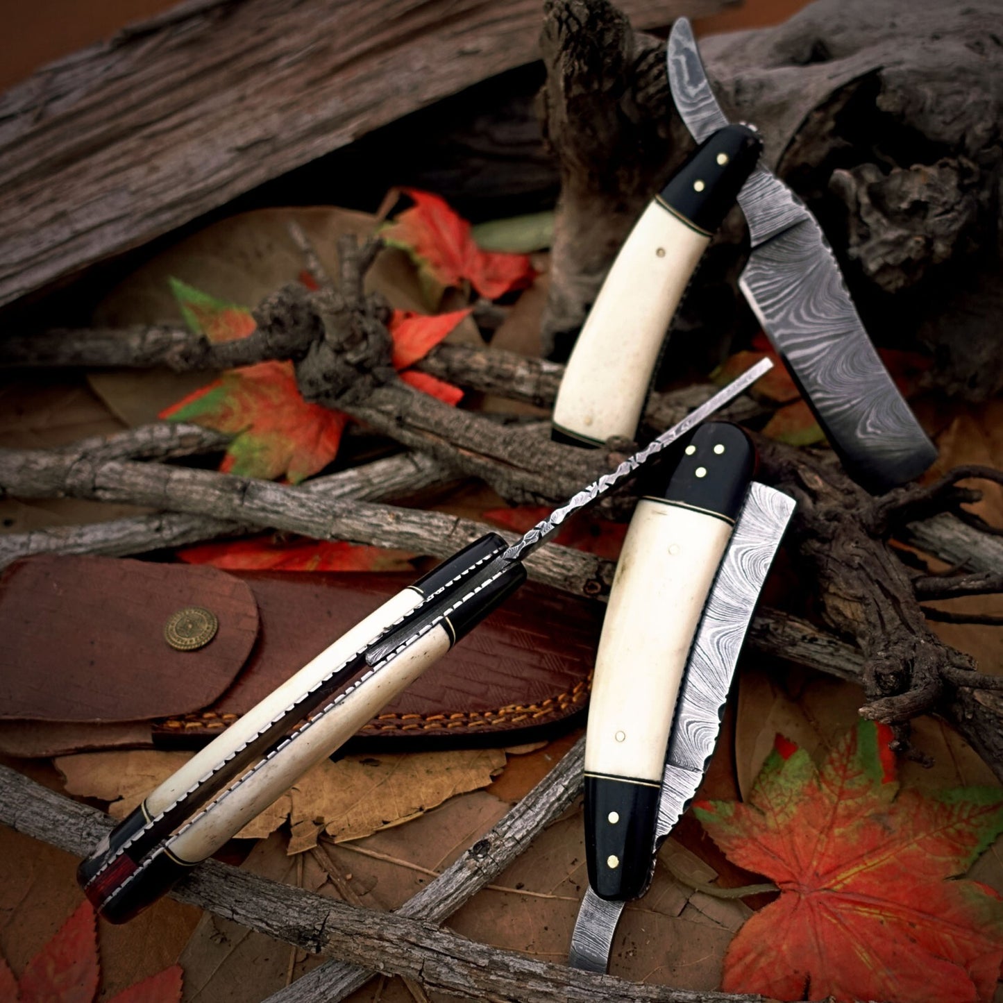3-Piece Handmade Damascus Steel Straight Cleaver Set –Bull Horn & Camel Bone Handles with Leather Sheaths| DRSKNIVES HUB
