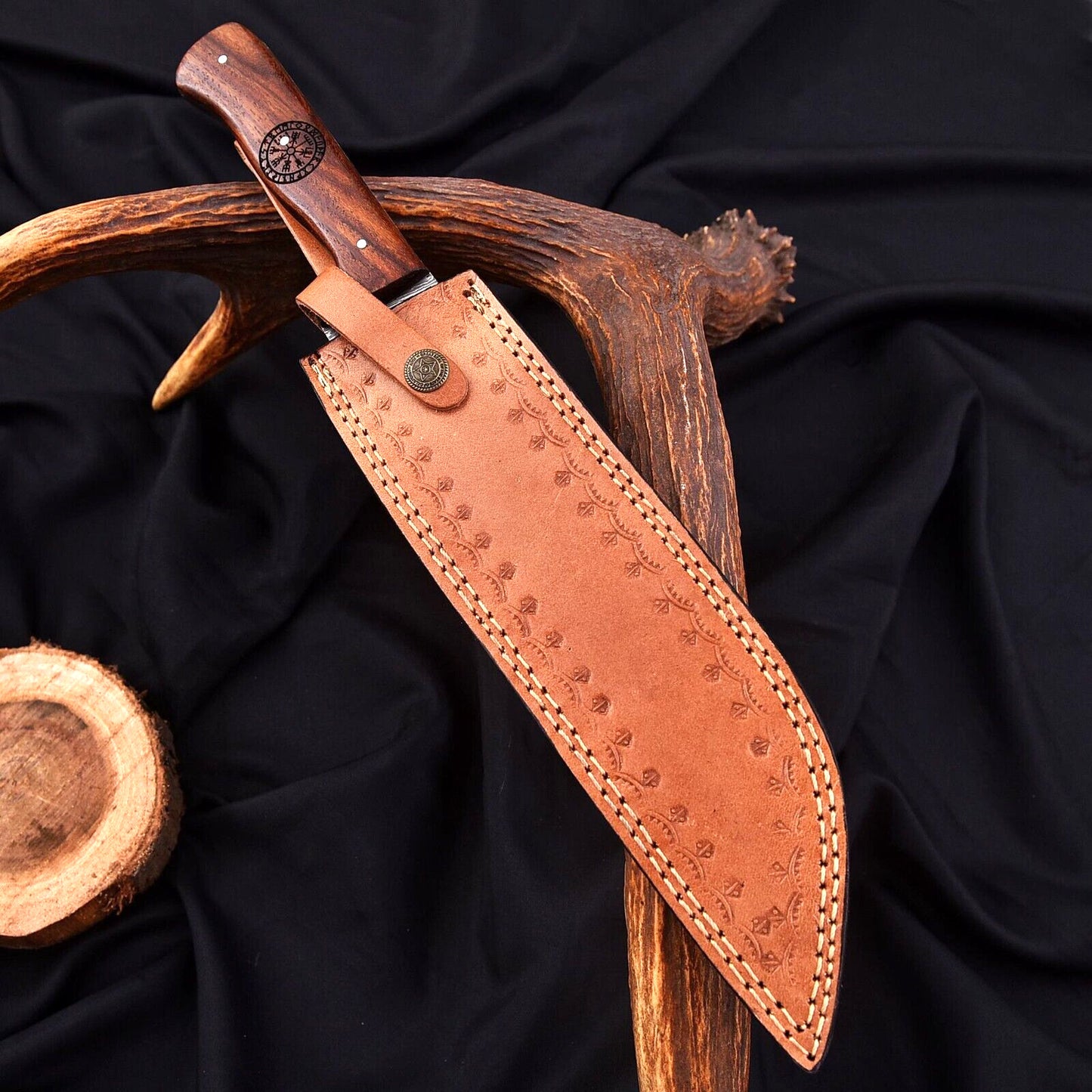 Viking Seax Knife Hand Forged Damascus Steel Wood Handle With Leather Sheath Cover