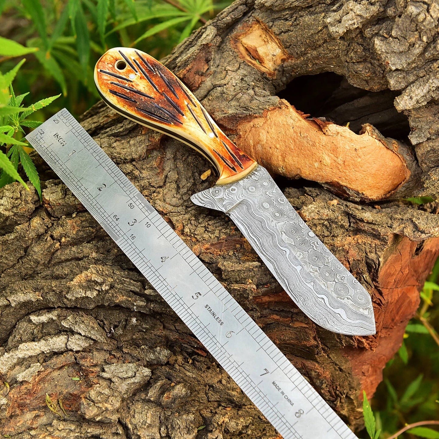Custom Handmade Damascus Steel Bull Cutter Knife Bone Handle With Leather Sheath Cover