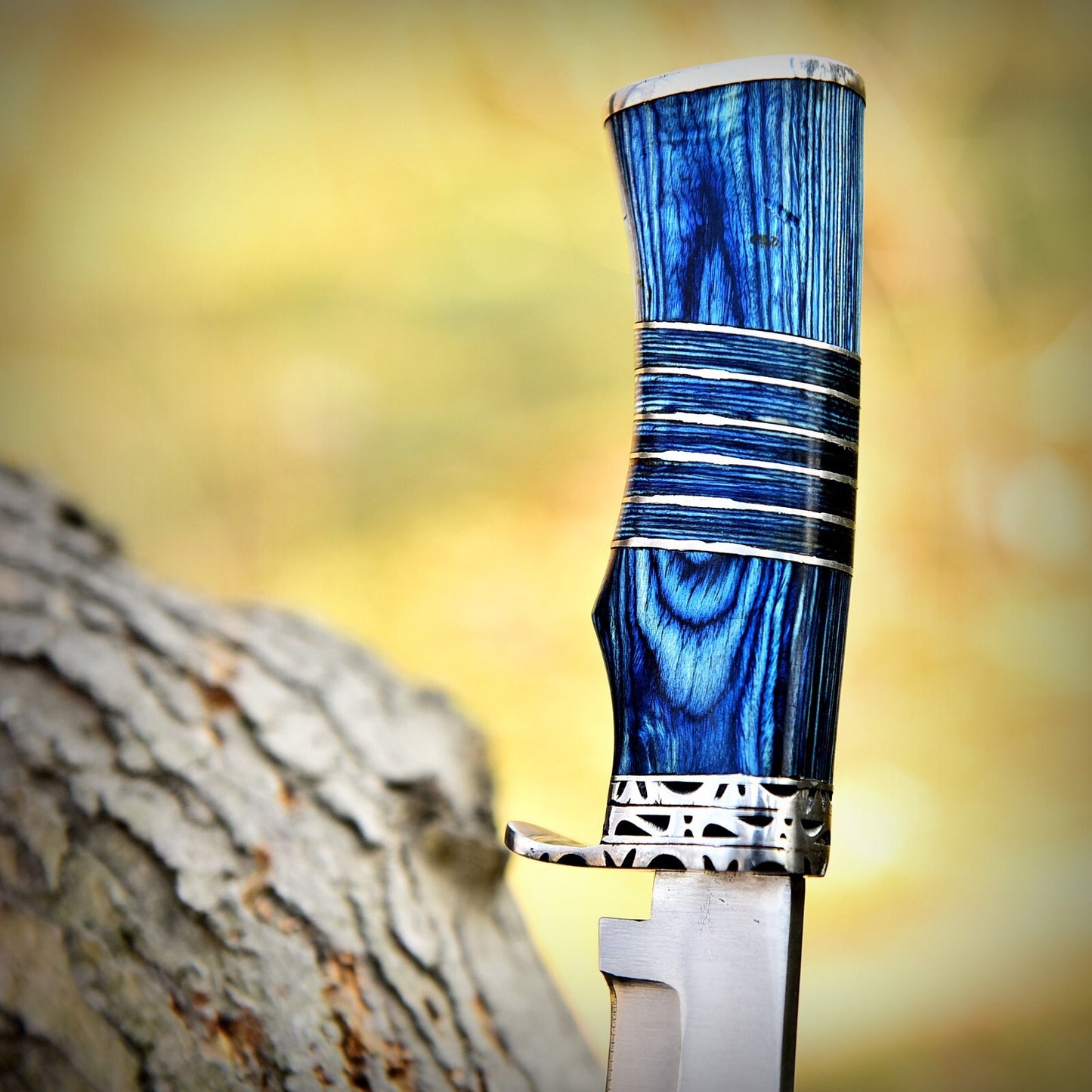 Premium Handcrafted D2 Steel Hunting Knife – Blue Wood Handle | 7" Full Tang EDC Knife |DRSKNIVES HUB