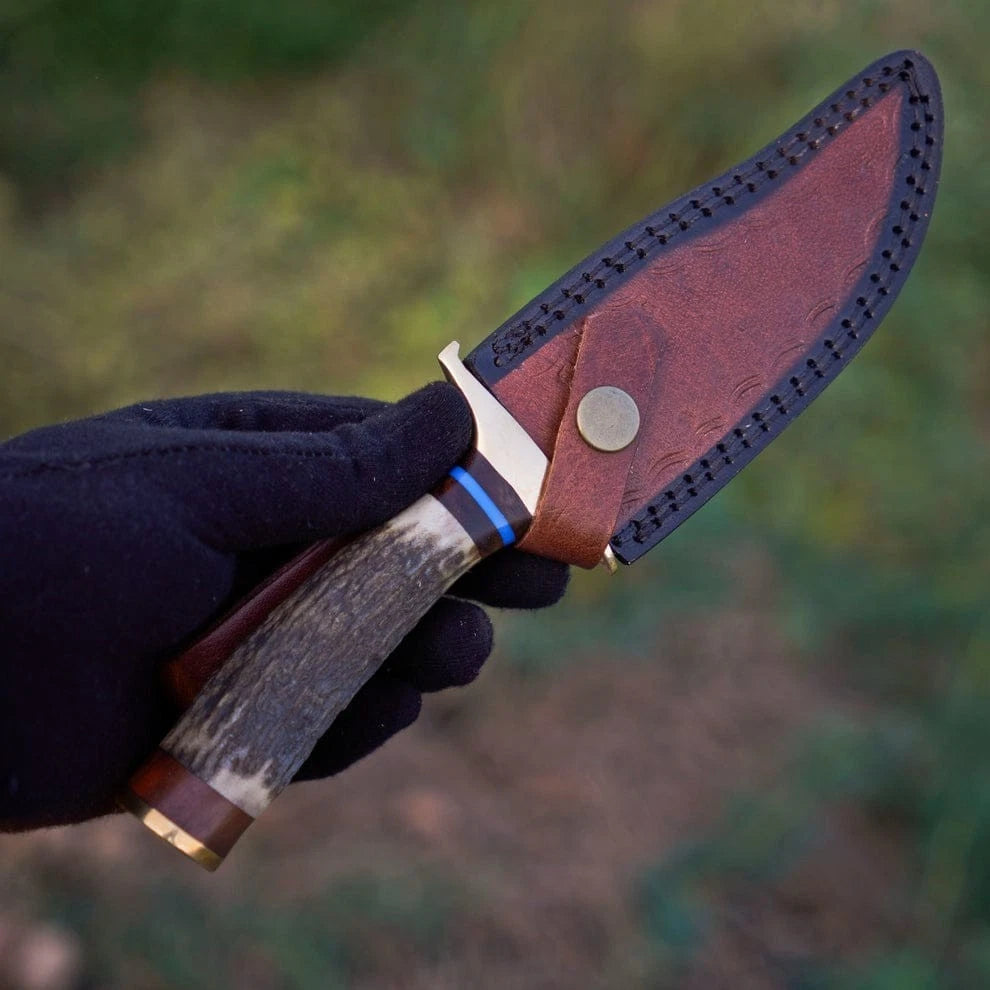 Hand-Forged Damascus Steel Hunting , Bowie Knife – Stag Handle with Brass Guard & Leather Sheath | DRSKNIVES HUB